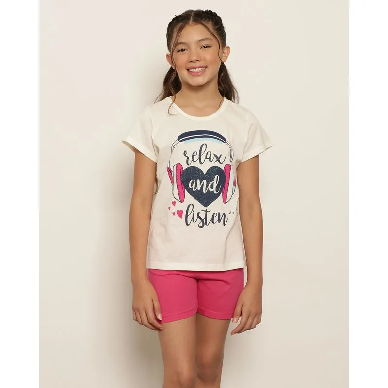 Pijama Juvenil Curto Estampa Relax And Listen Off White 12