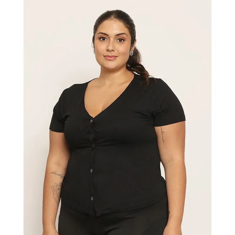 Blusa Plus Size Feminina Viscose Com Botões Manga Curta Preta G3