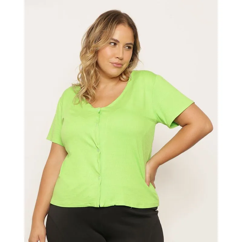 Blusa Plus Size Feminina Viscose Manga Curta Com Botões Verde G2