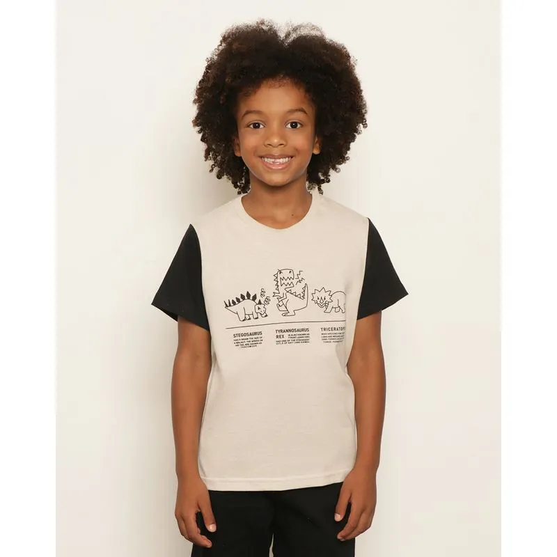 Camiseta Infantil Estampa Dinossauros Manga Curta Bege 8