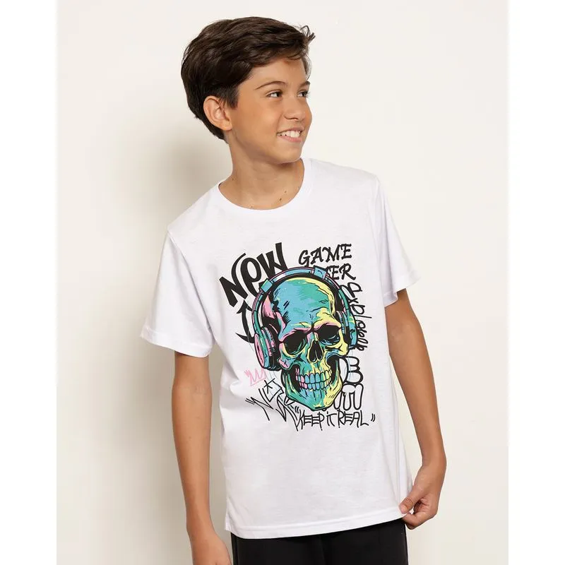 Camiseta Juvenil Estampa Caveira Manga Curta Branca 10