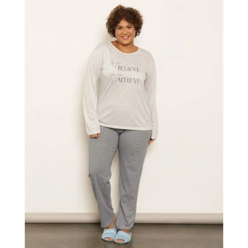 Pijama Plus Size Feminino Longo Estampado Listrado Marinho 50