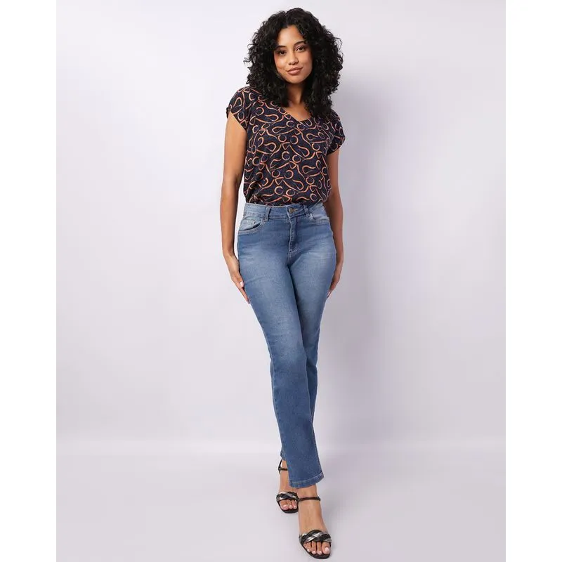 Calça Jeans Feminina Reta Com Bolsos Azul 36