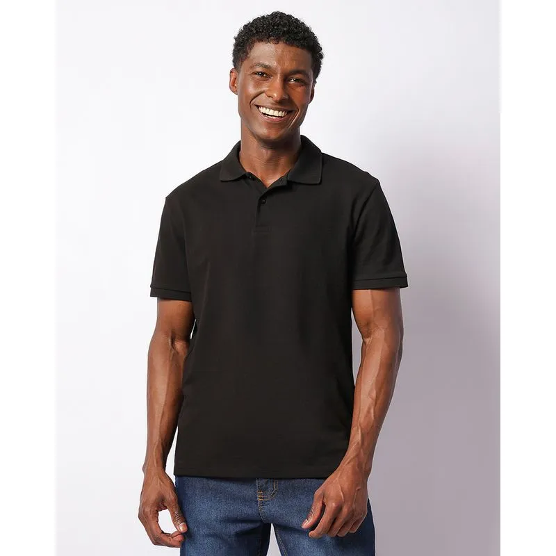 Camisa Polo Masculina Algodão Peruano Manga Curta Preta GG