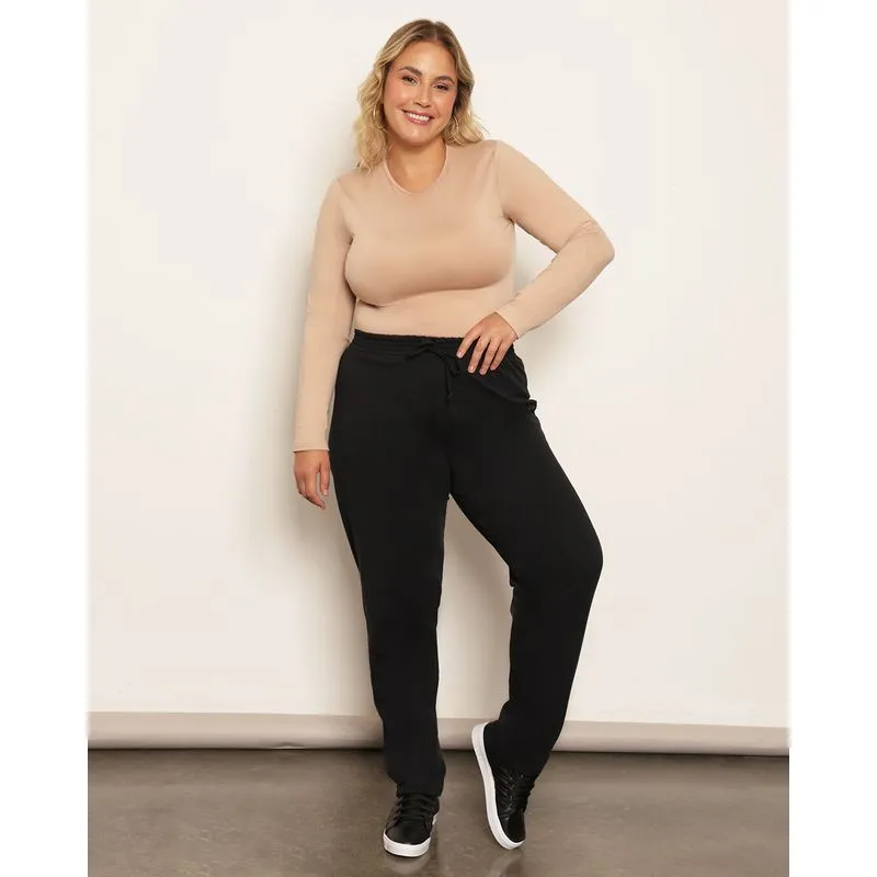 Calça Plus Size Feminina Moletinho Reta Com Cordão Preta G3