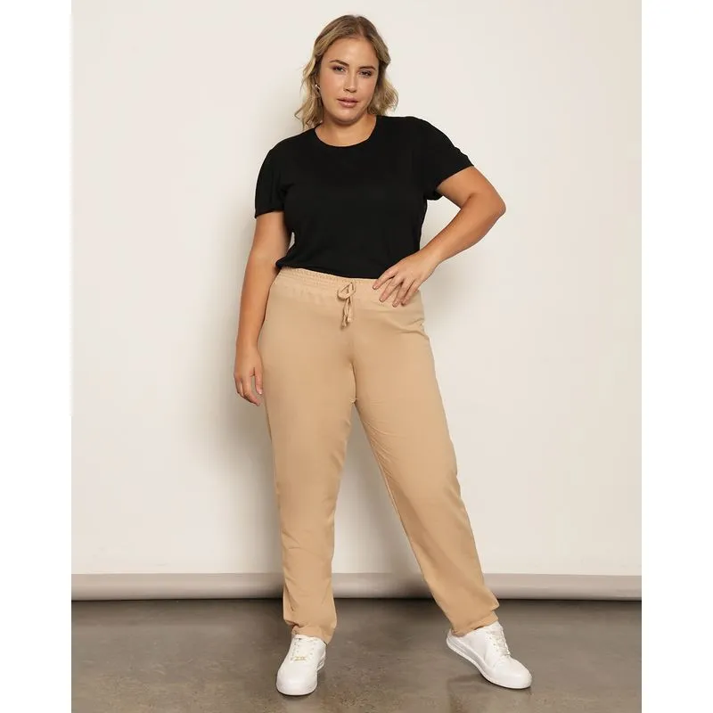 Calça Plus Size Feminina Moletinho Reta Com Cordão Bege G1