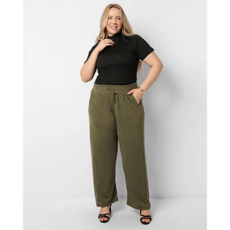 Calça Plus Size Feminina Pantalona Tricô Verde G2