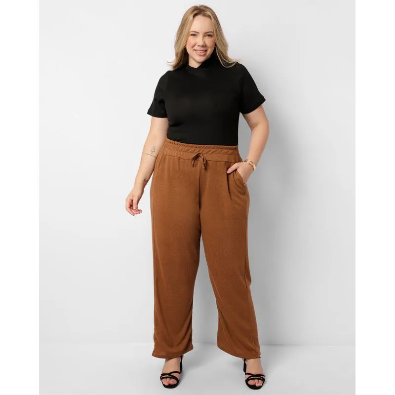 Calça Plus Size Feminina Pantalona Tricô Bege G3