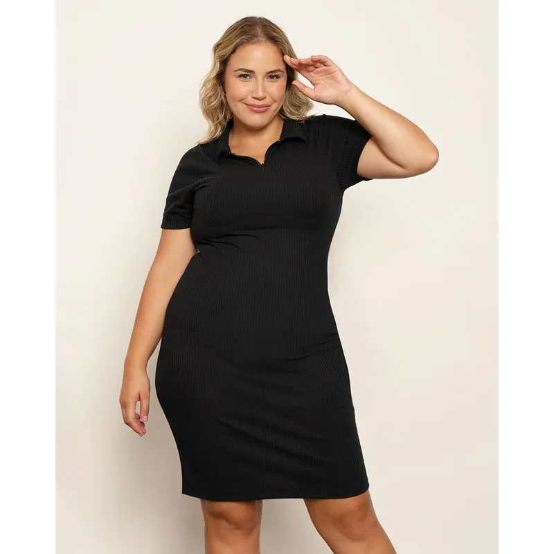 Vestido Plus Size Feminino Curto Canelado Preto G1