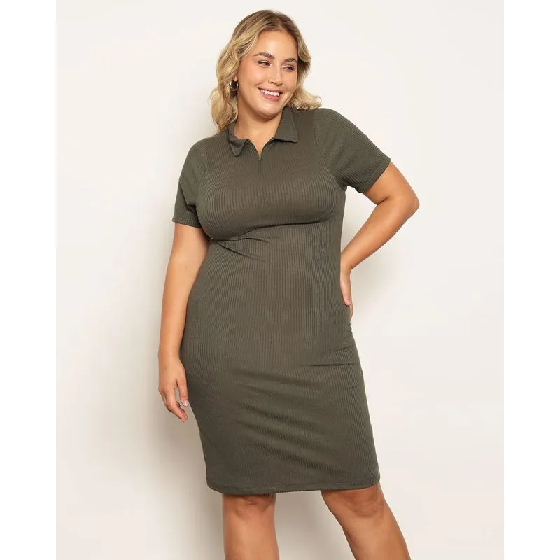 Vestido Plus Size Feminino Curto Canelado Verde G1