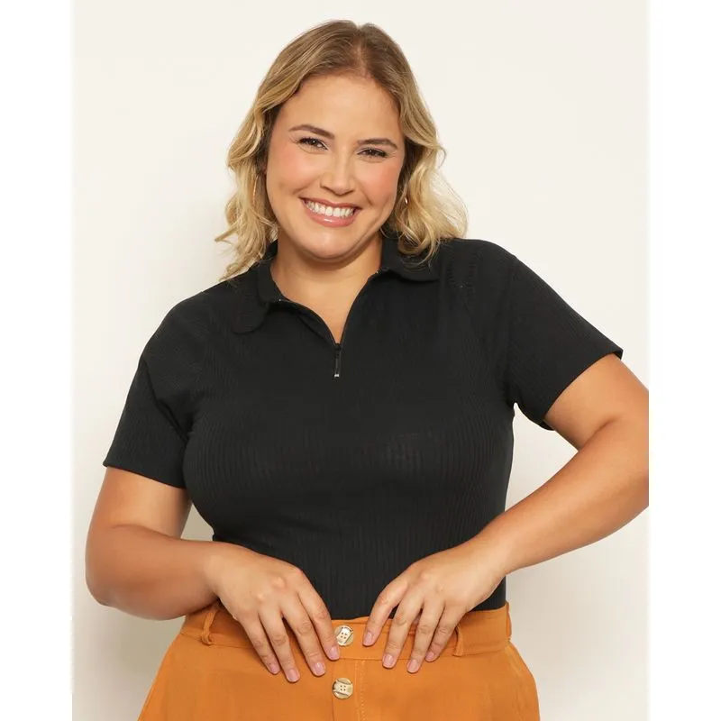 Blusa Plus Size Feminina Canelada Gola Dobrável Com Zíper Preta G2