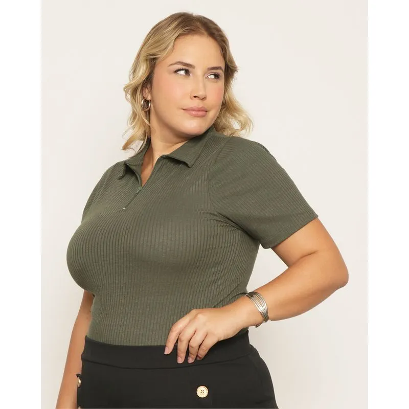 Blusa Plus Size Feminina Canelada Gola Dobrável Com Zíper Verde G1