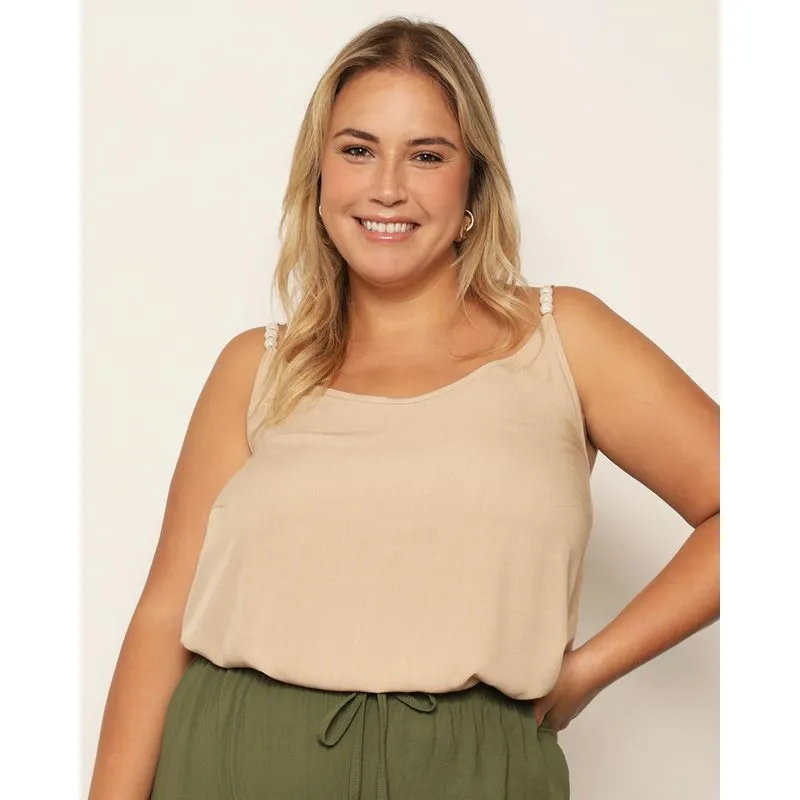 Regata Plus Size Feminina Viscose Alcinha Com Aviamento Bege G2