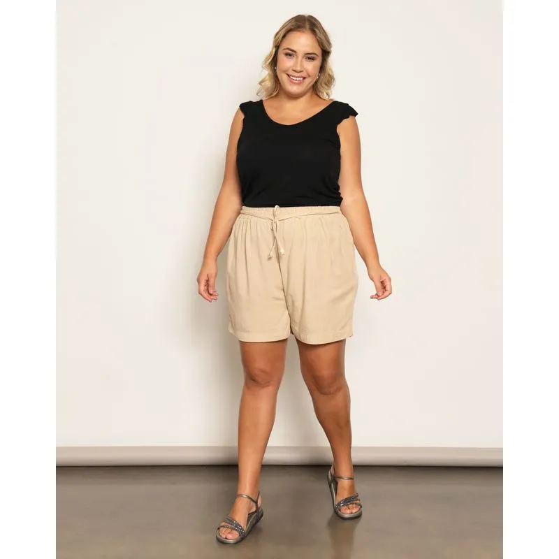 Short Plus Size Feminino Cordão Com Miçanga Viscose Bege G3
