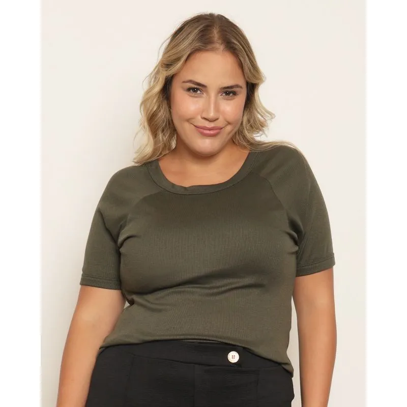 Blusa Plus Size Feminina Manga Curta Canelada Verde G2