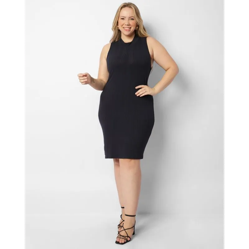 Vestido Plus Size Feminino Midi Canelado Com Abertura Marinho G2