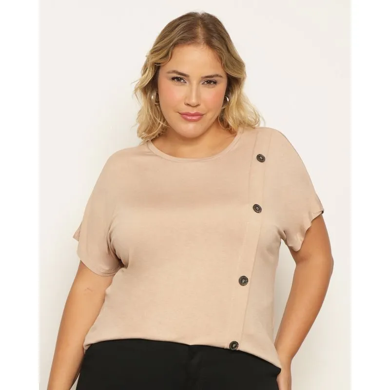 Blusa Plus Size Feminina Manga Curta Detalhe Botões Bege G3