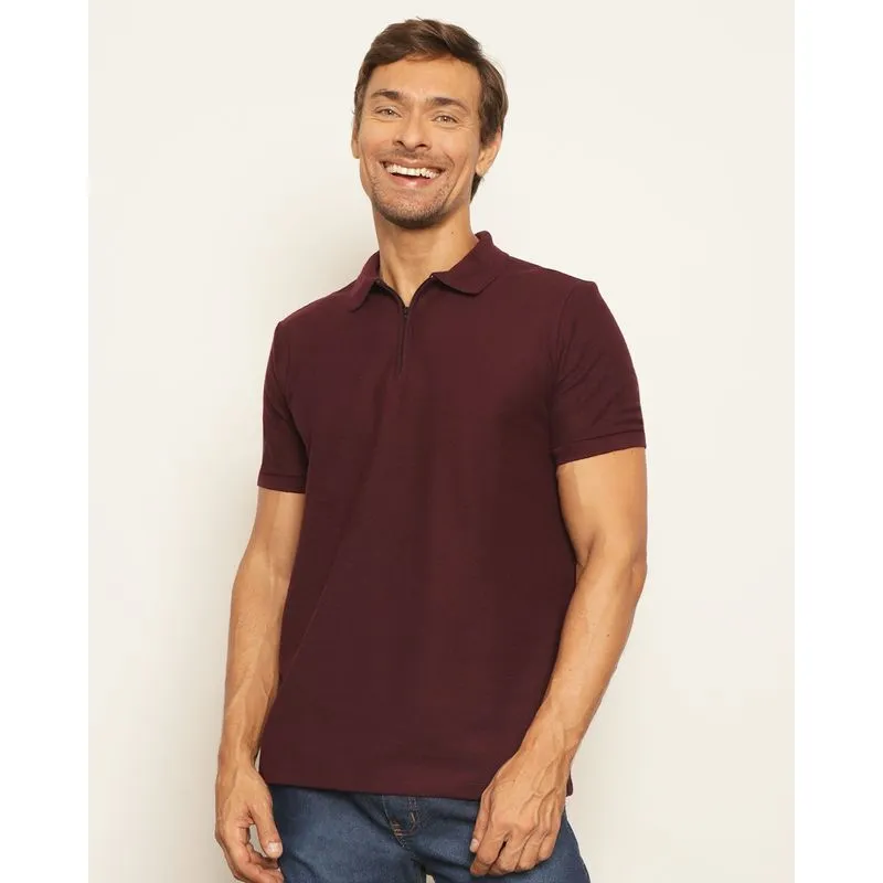 Camisa Polo Masculina Piquet Com Zíper Manga Curta Vinho GG