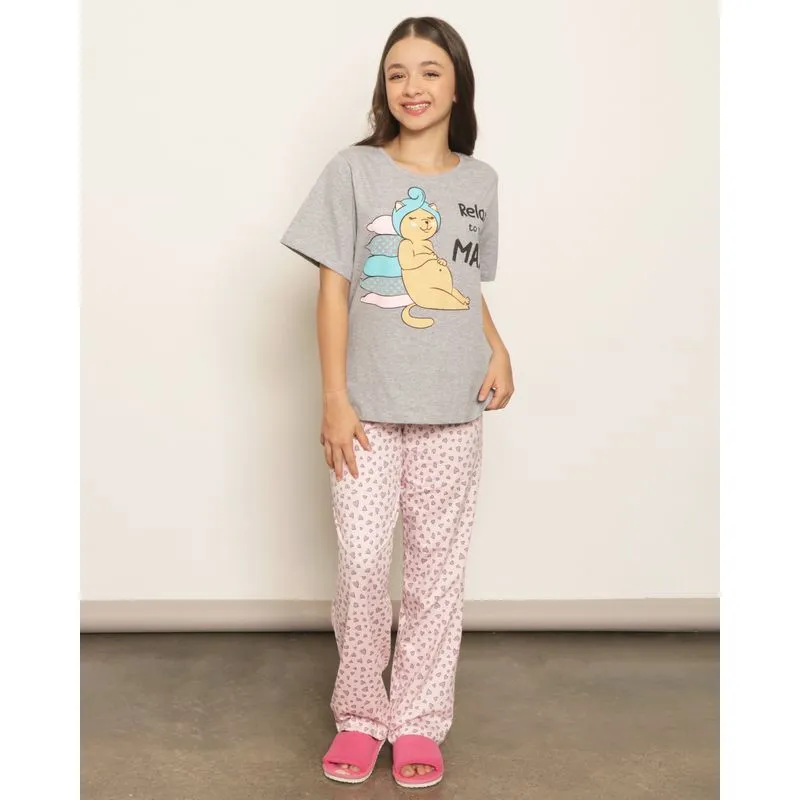 Pijama Juvenil Longo Estampa Relax Cinza 12