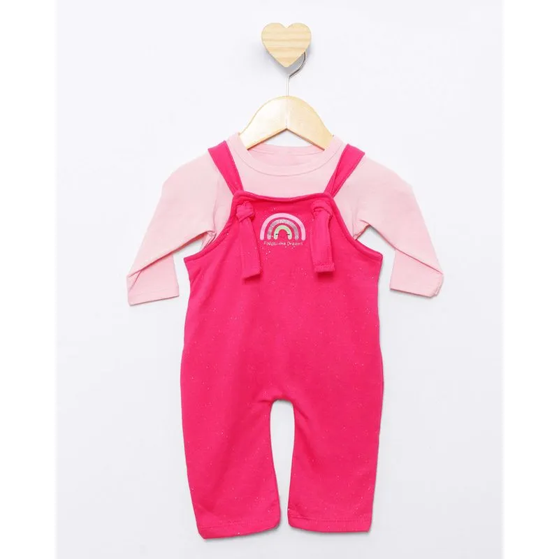 Conjunto Jardineira Moletom Estampa Arco-íris Com Glitter Rosa P
