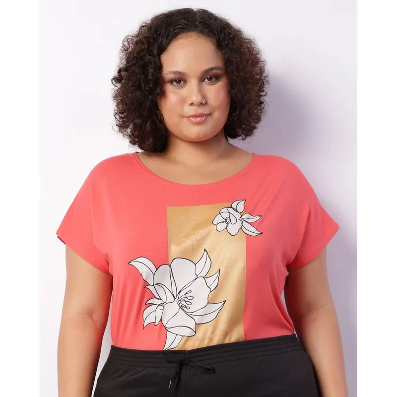 Blusa Plus Size Feminina Viscose Estampa Frontal Laranja G1