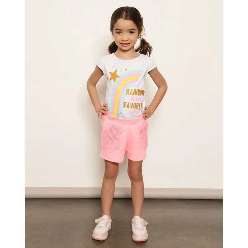 Short Infantil Canelado Bolso Telado Neon Rosa 10