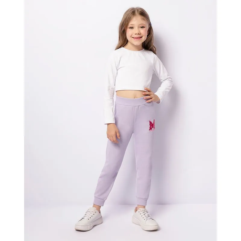Calça Moletom Infantil Peluciado Jogger Aplicação Paetê Lilás 8