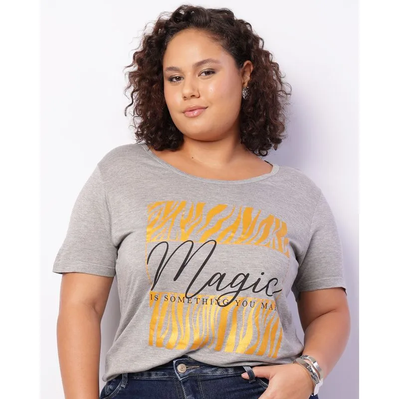 Blusa Plus Size Feminina Viscose Estampa Manga Curta Cinza G1