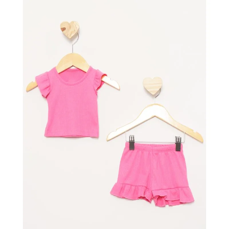 Conjunto Bebê Curto Canelado Frufru Rosa G