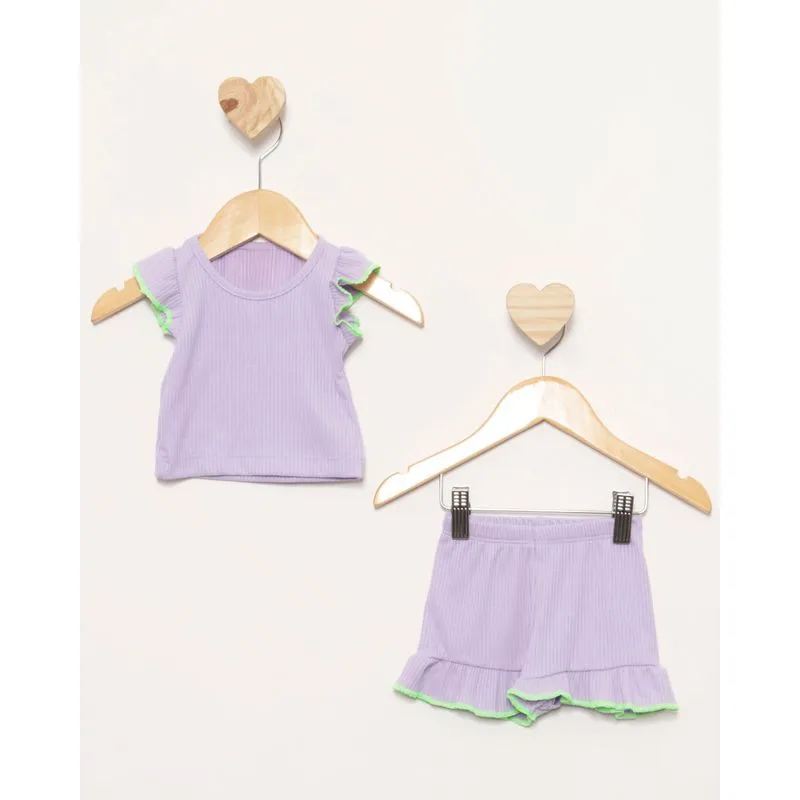 Conjunto Bebê Curto Canelado Frufru Lilás M