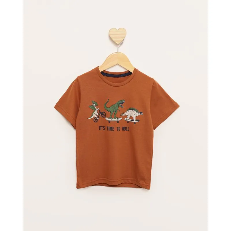 Camiseta Infantil Estampa Dinossauros Manga Curta Marrom 4