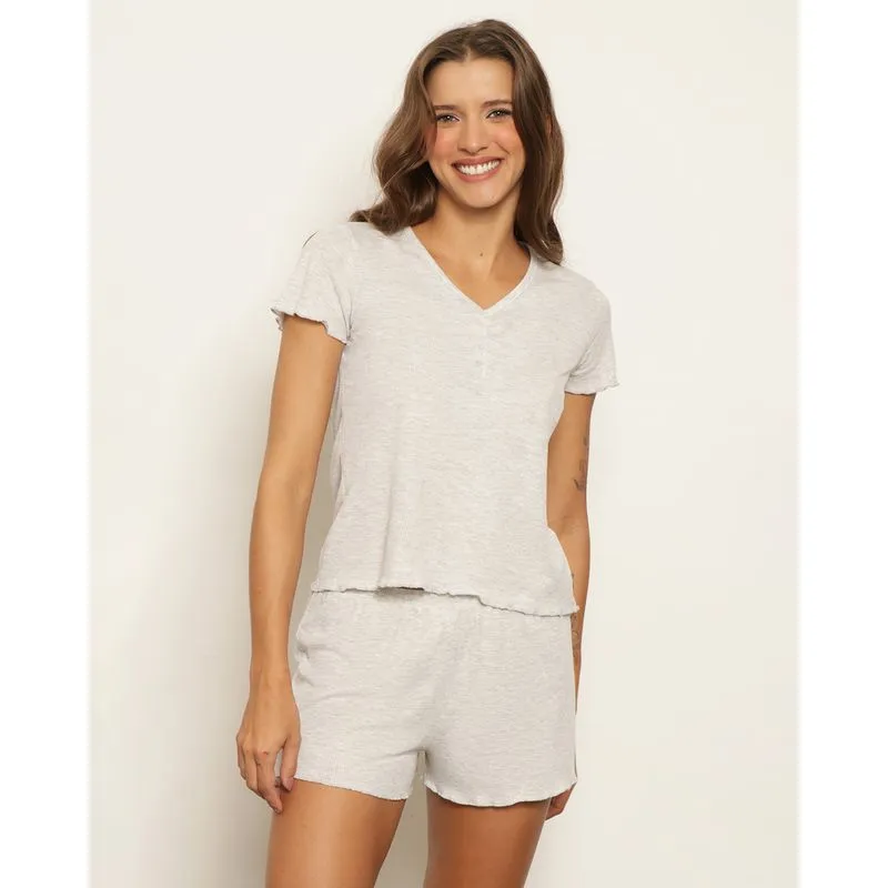 Pijama Feminino Curto Canelado Frufru Cinza P
