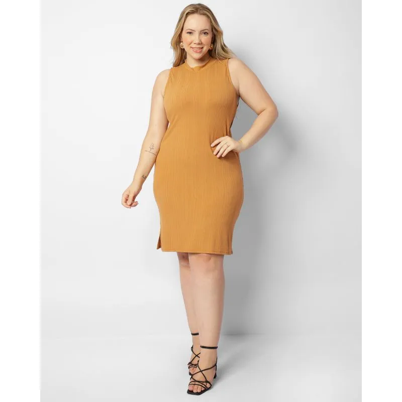 Vestido Plus Size Feminino Midi Canelado Com Abertura Bege G2