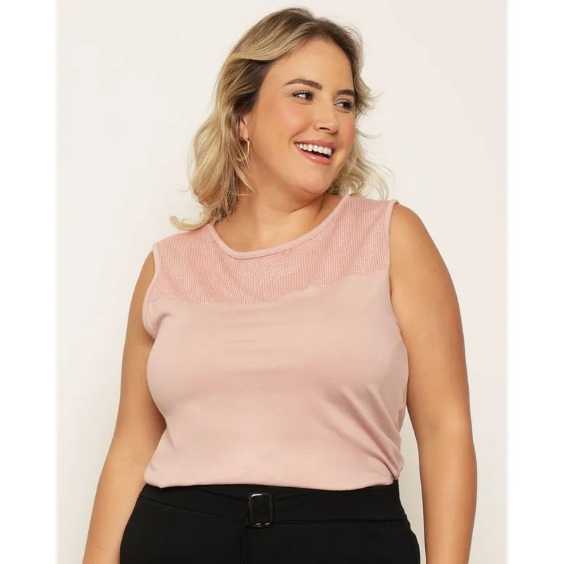 Regata Plus Size Feminina Recorte Em Telinha Rosa G2