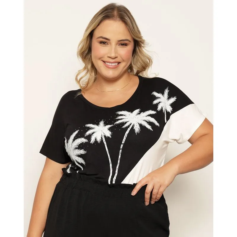 Blusa Plus Size Feminina Bicolor Estampa Coqueiro Brilho Preta G1