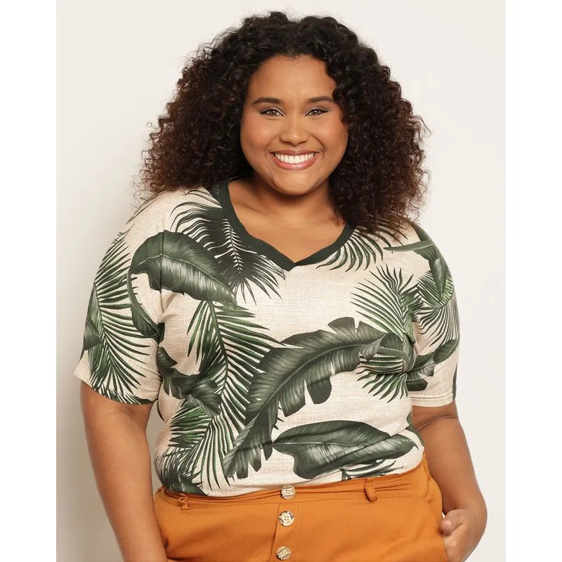 Blusa Plus Size Feminina Estampada Folhagem Manga Curta Verde G1