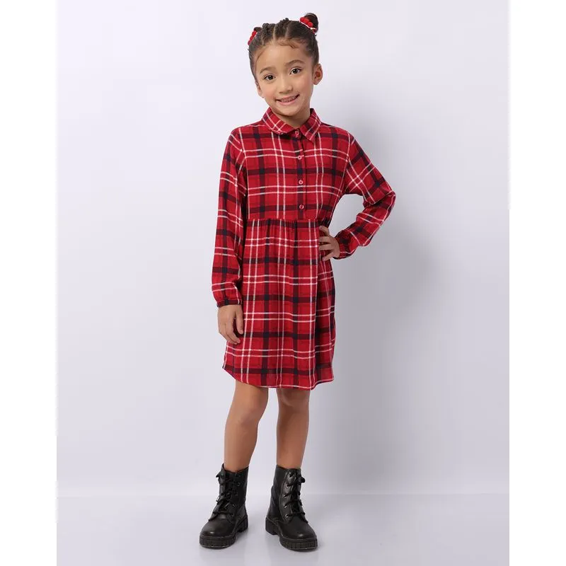 Vestido Infantil Curto Viscose Manga Longa Xadrez Vermelho 6