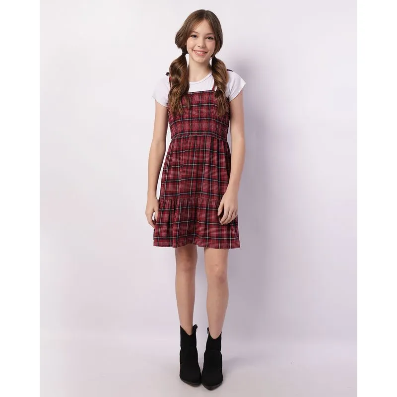Vestido Juvenil Curto Viscose Xadrez Vermelho 16
