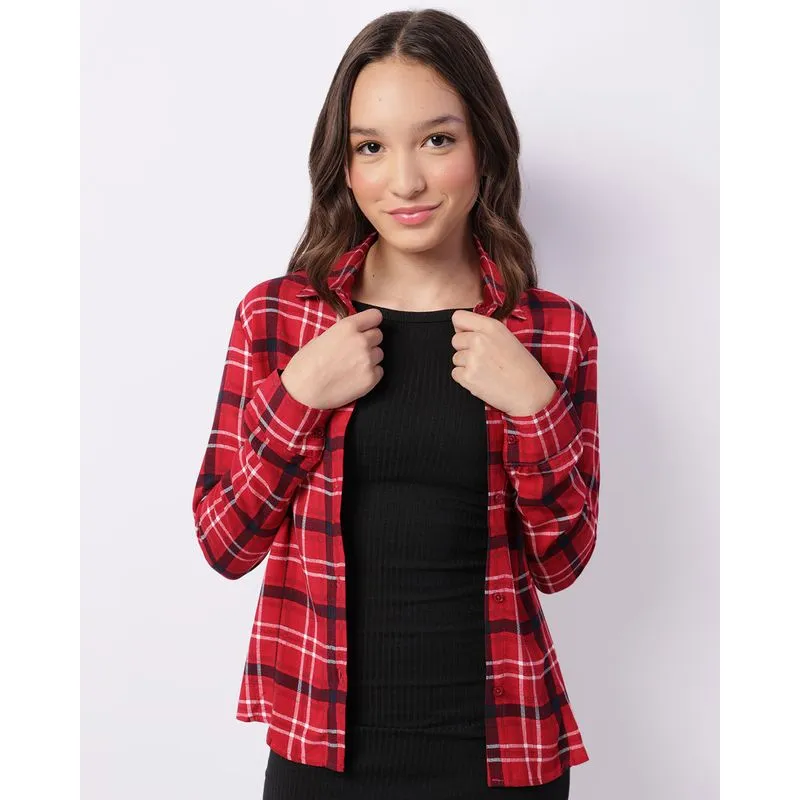 Camisa Juvenil Manga Longa Viscose Estampa Xadrez Vermelha 14