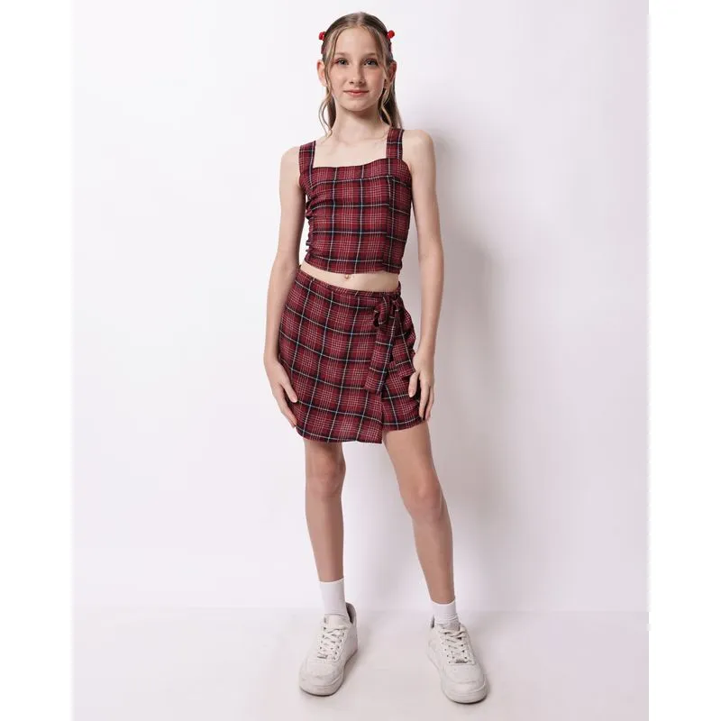Short Saia Juvenil Berry & Co. Transpassada Viscose Xadrez Vinho 12