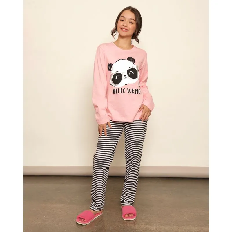 Pijama Juvenil Estampa Panda Manga Longa Rosa 16