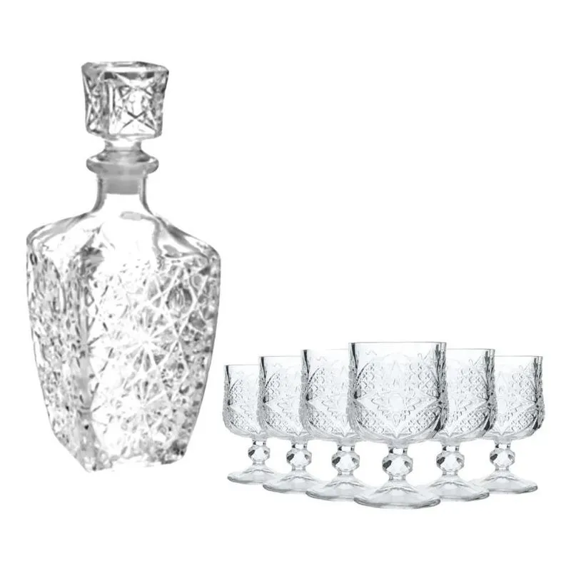 5x Garrafa Licoreira 800ml + 6 Taças De Licor Trabalhadas 40
