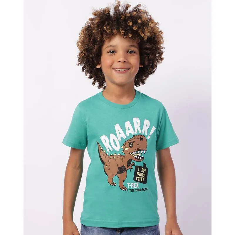 Camiseta Infantil Algodão Estampa Frontal Dinossauro Verde 4