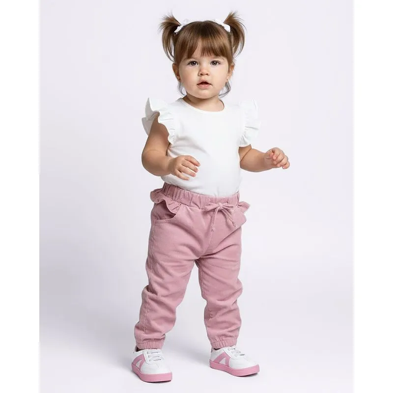Calça Bebê Cotelê Jogger Com Babado Rosa P