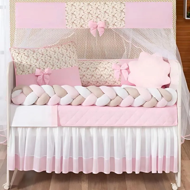 Kit Berço Trança Doce De Bebe Rosa Menina + Lençol 12 Peças