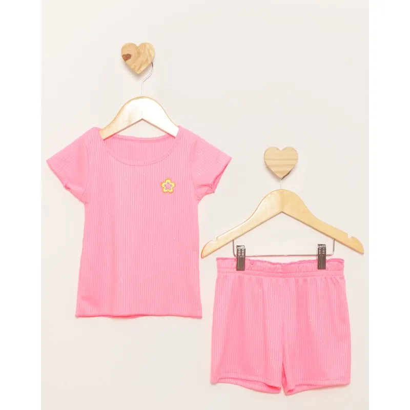 Conjunto Bebê Curto Canelado Aplicação de Glitter Neon Rosa 1