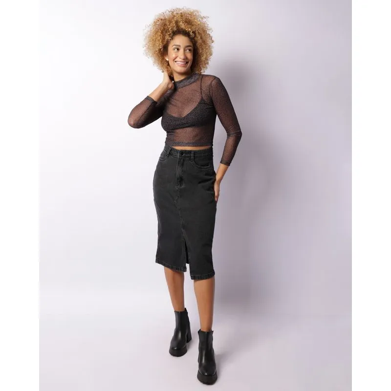 Saia Jeans Feminina Vizzy Midi Fenda Frontal Preta 38