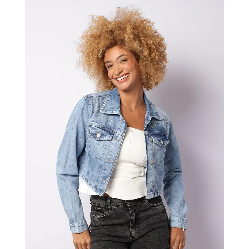 Jaqueta Jeans Feminina Vizzy Cropped Aplicação Brilhos Azul G