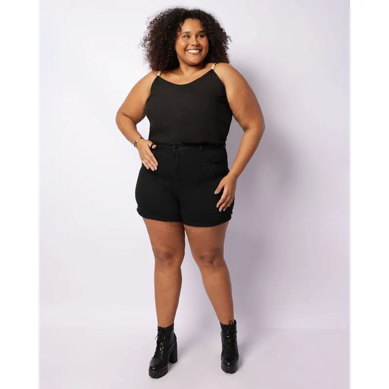 Short Sarja Plus Size Feminino Vizzy com Aplicação Preto 54