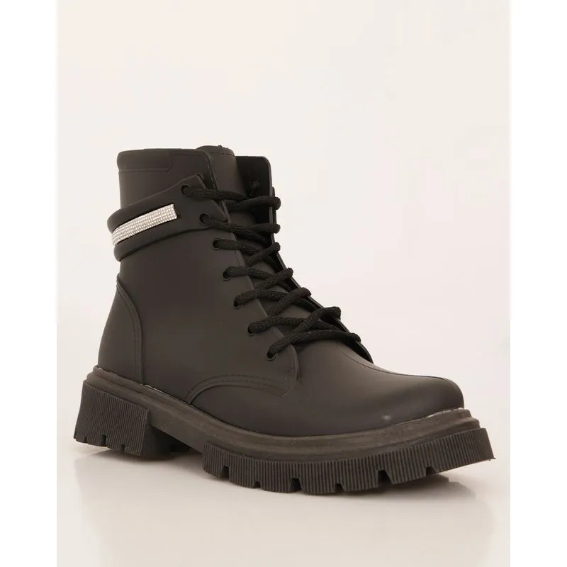 Bota Feminina Coturno Tratorada Tiras Com Strass Preta 37/38